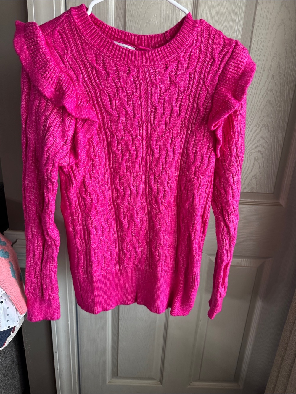 crown & ivy Hot Pink Cable Knit Ruffle Shoulder Sweater